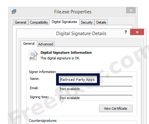 Screenshot of the Railroad Party Apps certificate